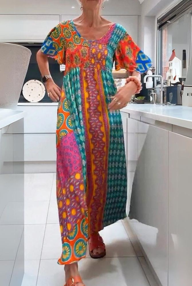 Jimena | Vestido Largo Boho Mujer Estampado Étnico Manga Corta