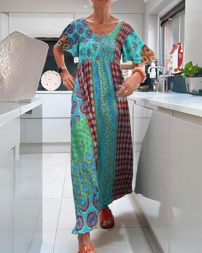Jimena | Vestido Largo Boho Mujer Estampado Étnico Manga Corta