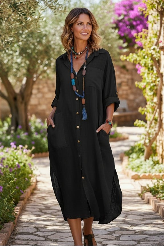 Jimena | Vestido Largo Camisero Mujer Manga Larga Abertura Lateral