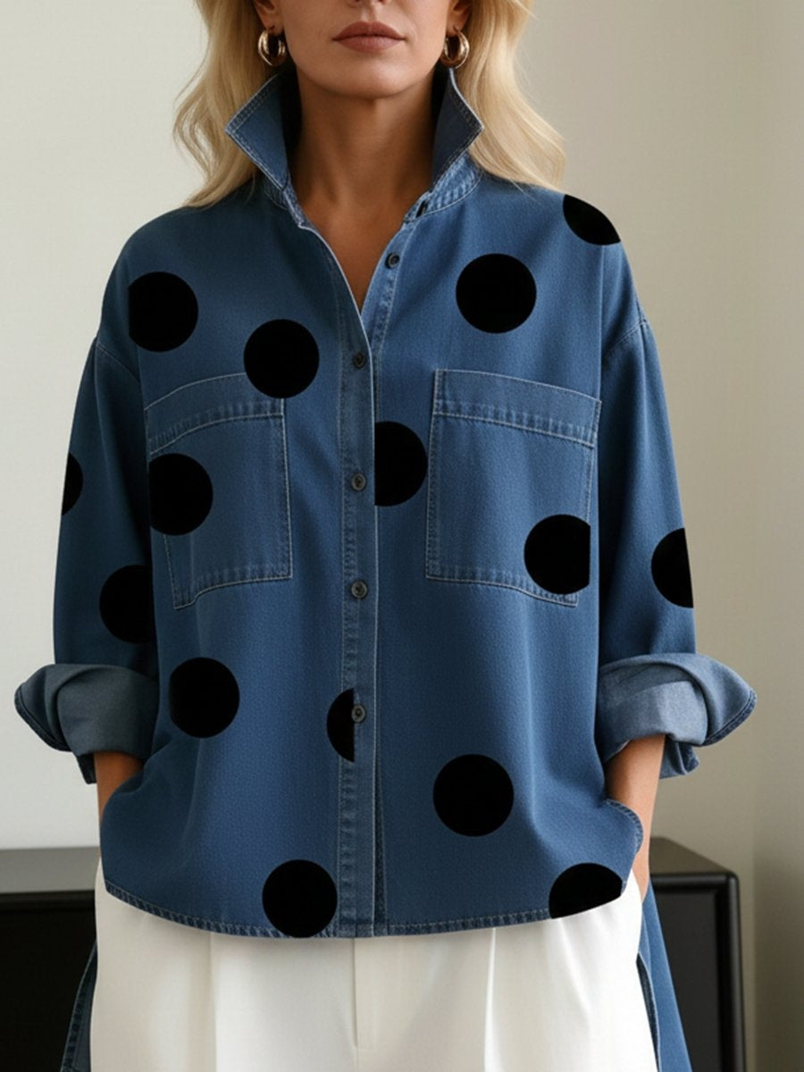 Laia | Camisa Vaquera Oversize Mujer de Lunares Manga Larga