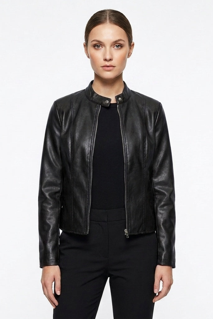 Laia | Chaqueta Biker de Cuero Mujer Ajustada Cuello Mao