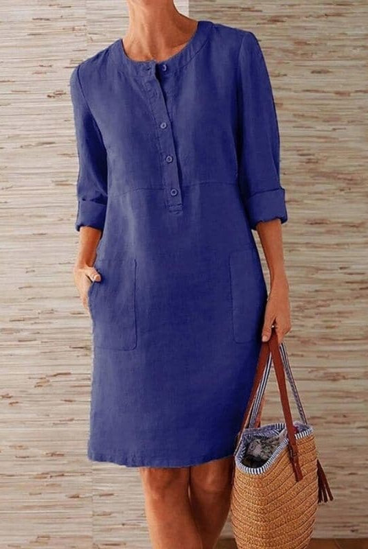 Laia | Vestido Midi Casual con Botones Mujer Manga Larga Bolsillos