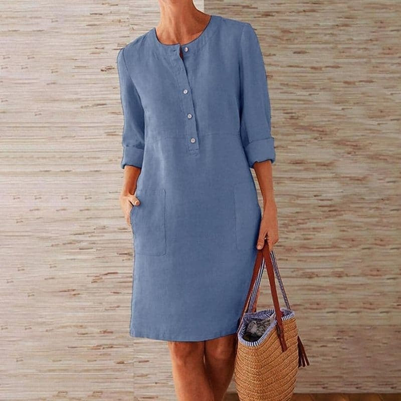 Laia | Vestido Midi Casual con Botones Mujer Manga Larga Bolsillos