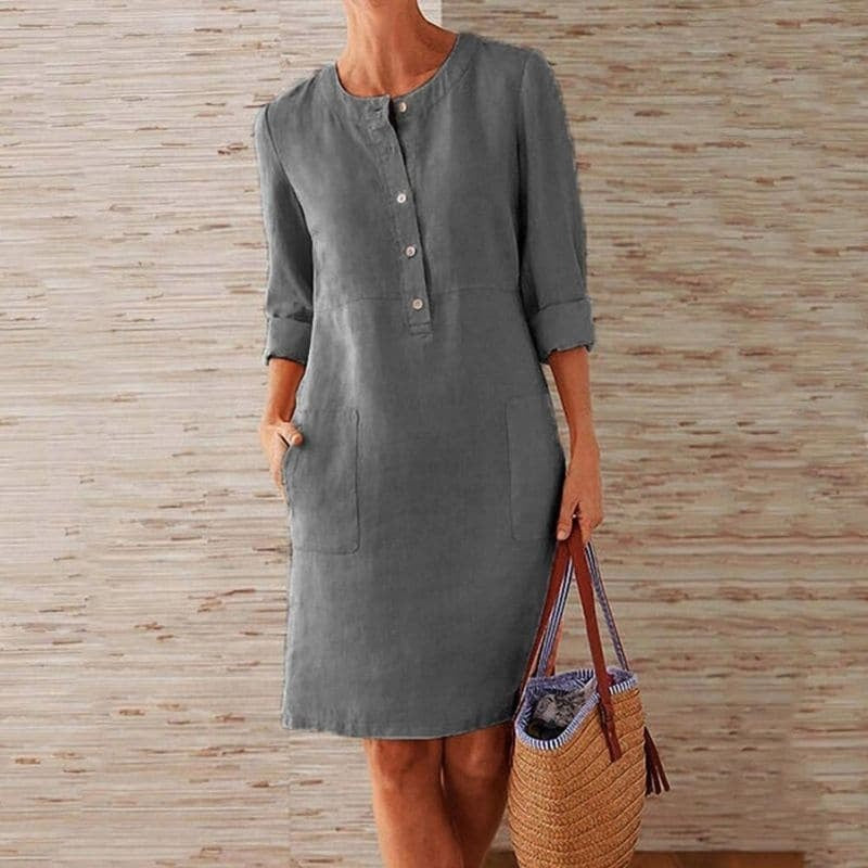 Laia | Vestido Midi Casual con Botones Mujer Manga Larga Bolsillos