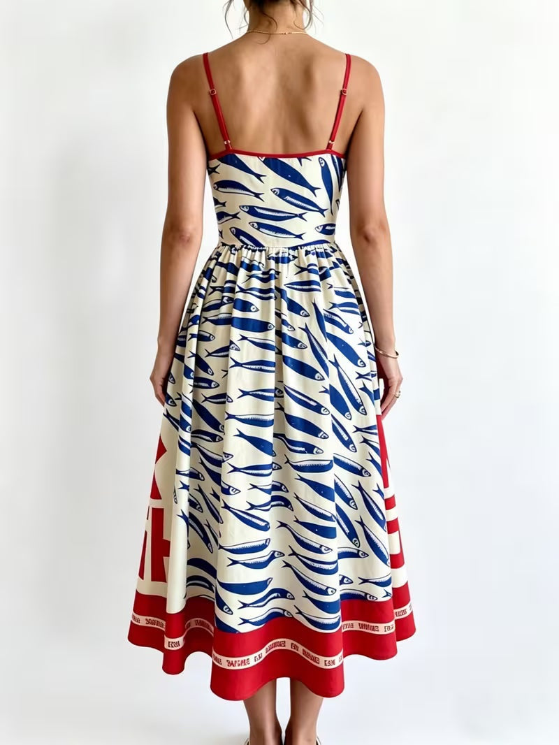 Laia | Vestido Midi Estampado con Tirantes Mujer Falda Vuelo