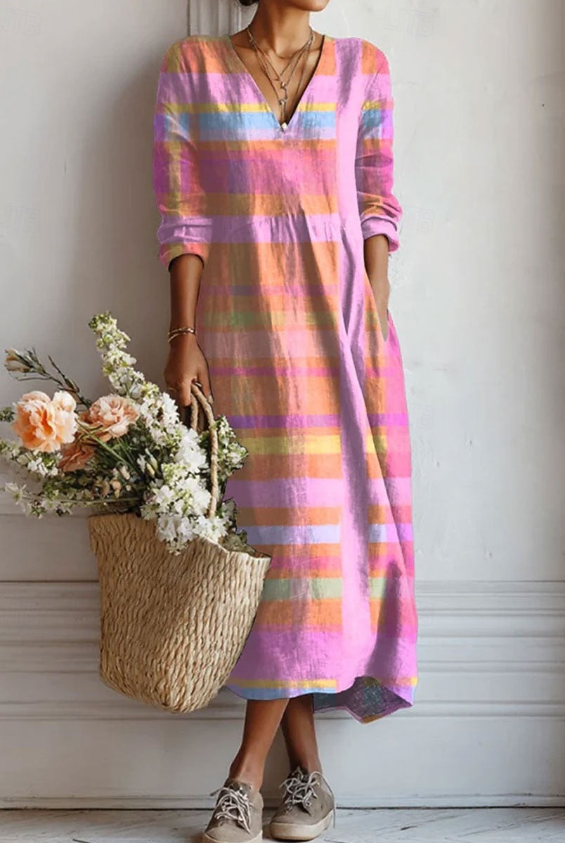 Laura | Vestido Largo Casual Estampado Mujer Manga Larga Escote V