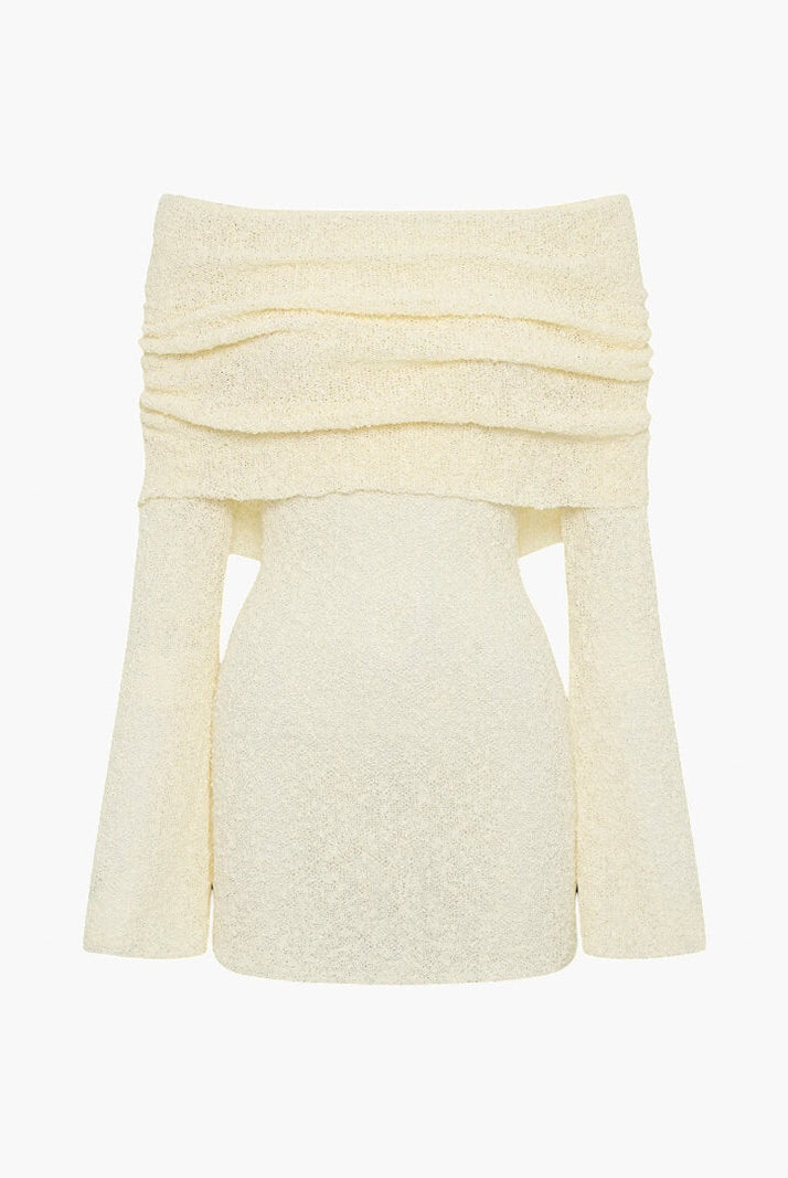 Leire | Vestido Corto de Punto Bouclé Mujer Hombros Descubiertos Manga Larga