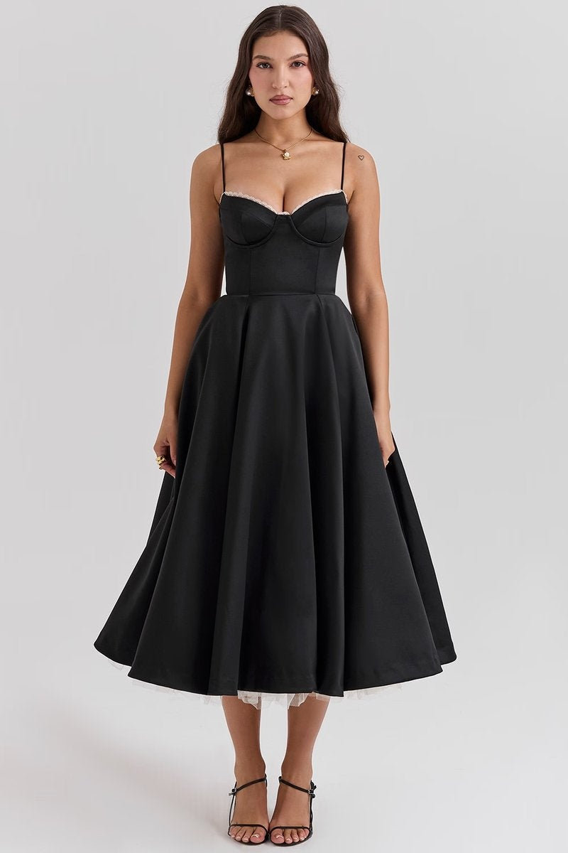 Leire | Vestido de Fiesta Midi Mujer Falda Acampanada Tirantes