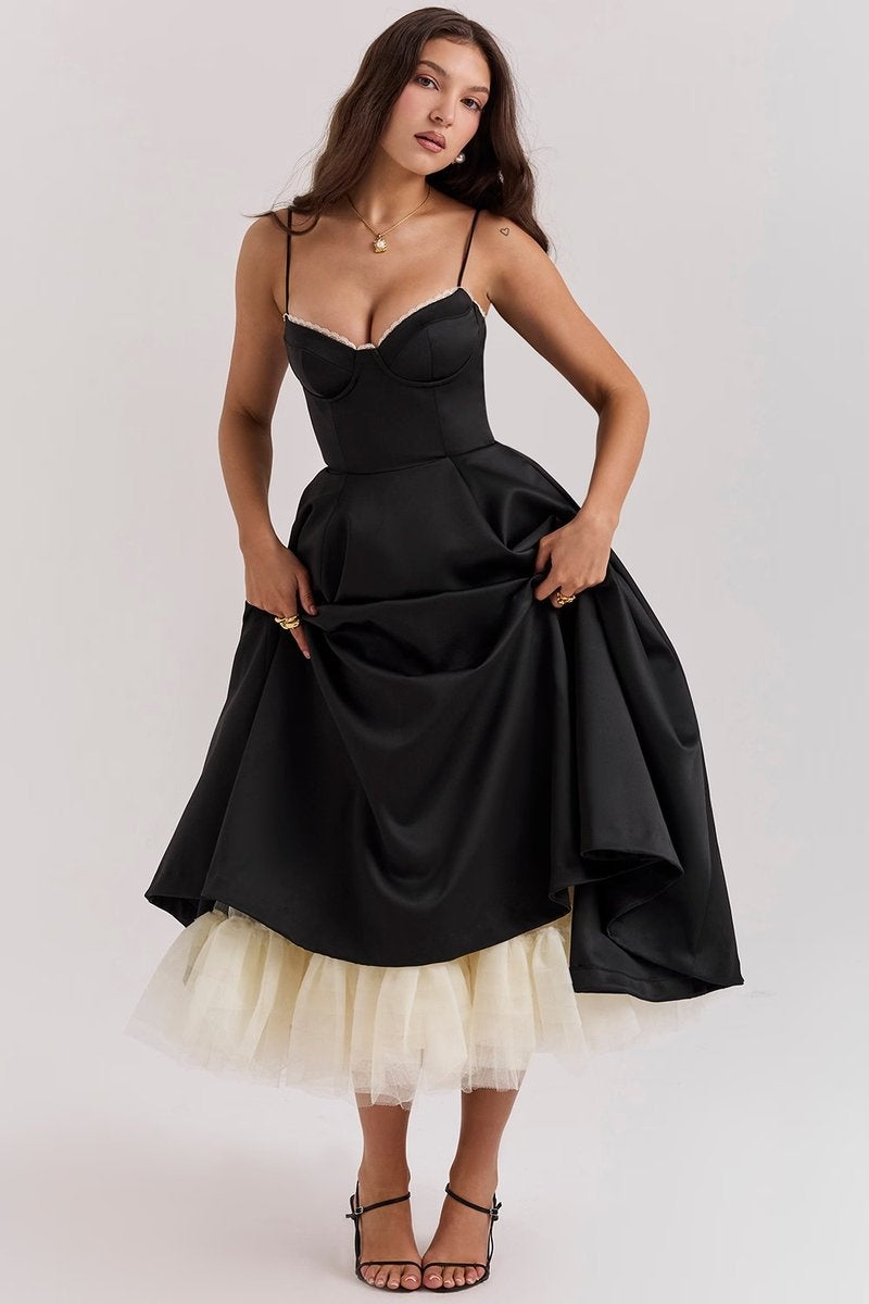 Leire | Vestido de Fiesta Midi Mujer Falda Acampanada Tirantes