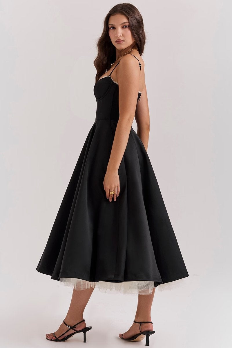 Leire | Vestido de Fiesta Midi Mujer Falda Acampanada Tirantes