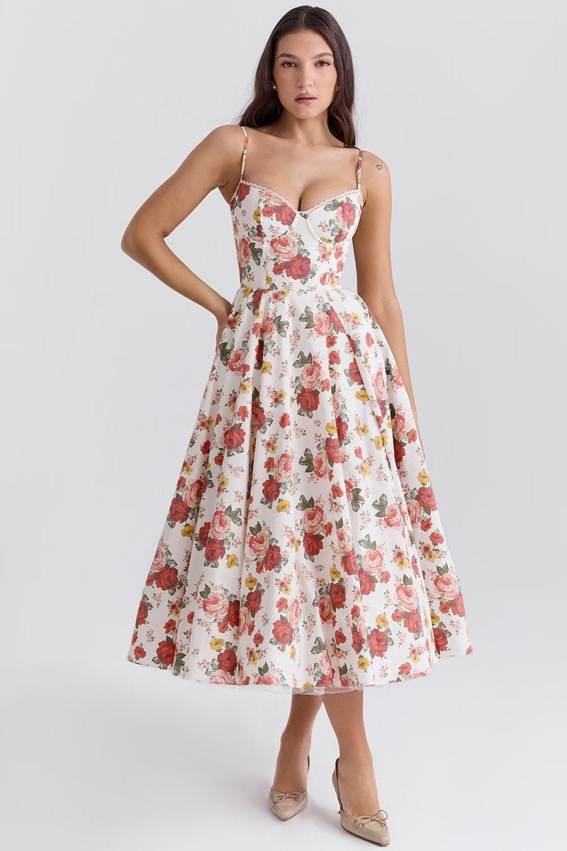 Leire | Vestido de Fiesta Midi Mujer Falda Acampanada Tirantes