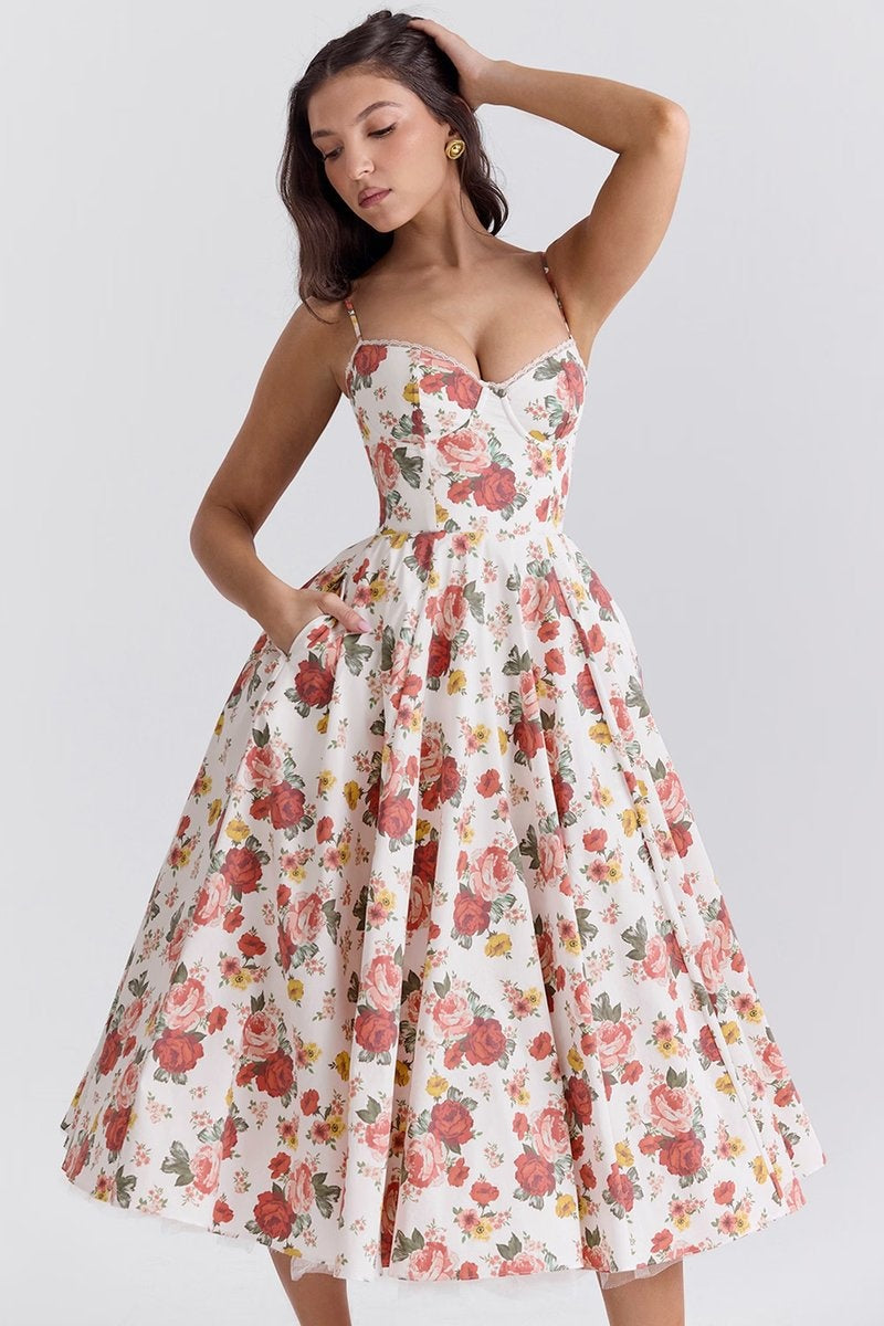 Leire | Vestido de Fiesta Midi Mujer Falda Acampanada Tirantes