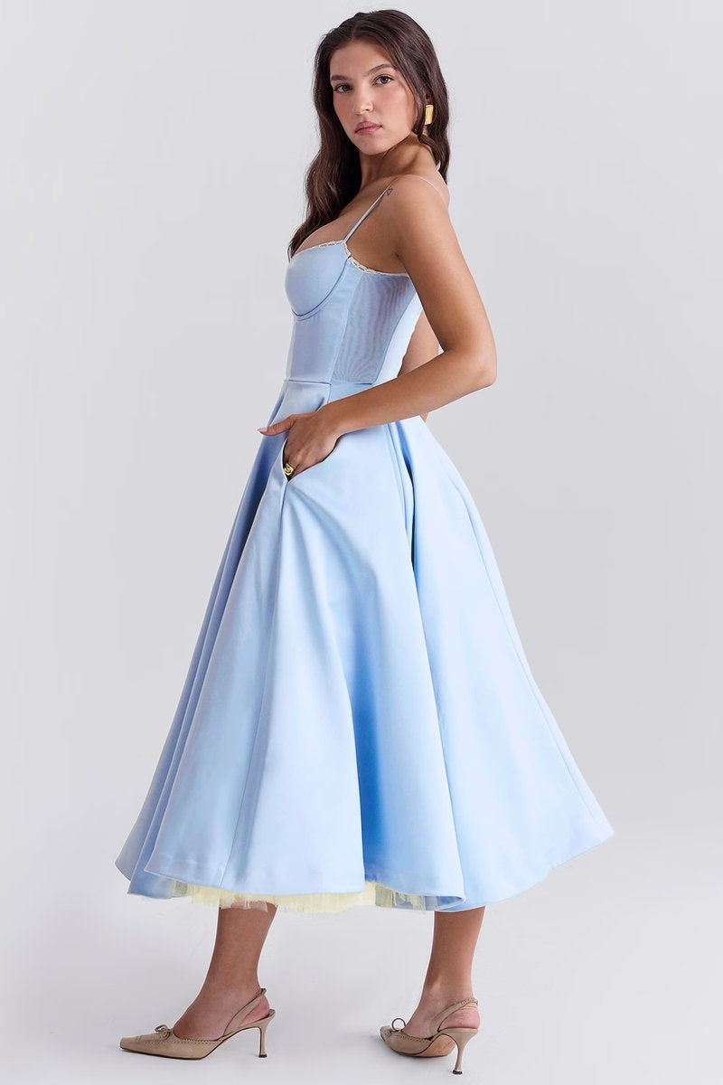 Leire | Vestido de Fiesta Midi Mujer Falda Acampanada Tirantes