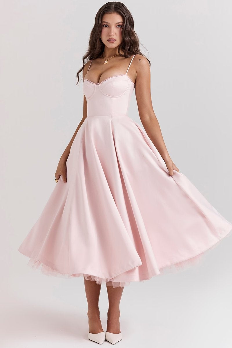 Leire | Vestido de Fiesta Midi Mujer Falda Acampanada Tirantes