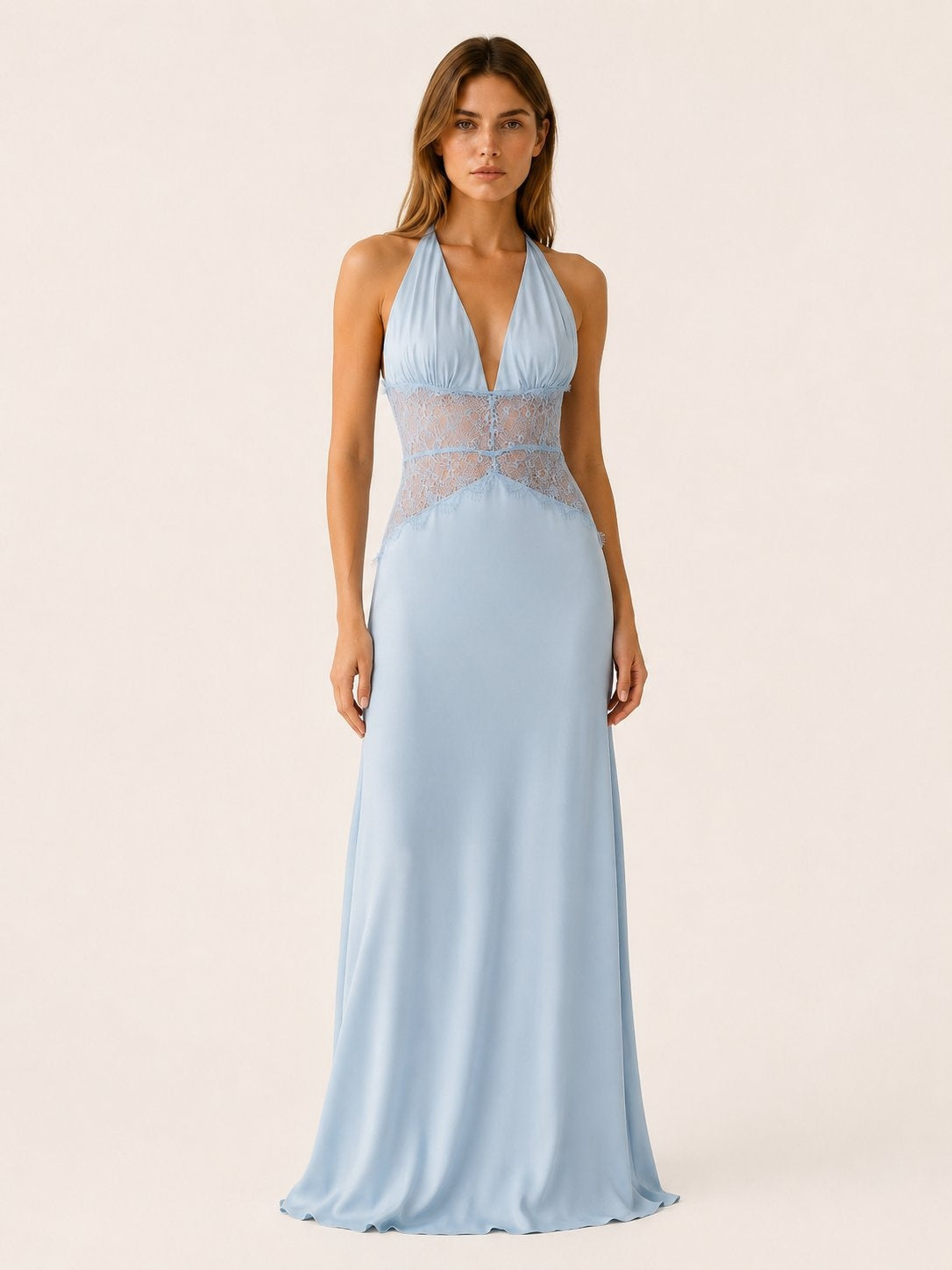 Leire | Vestido Largo de Gala Halter Encaje Mujer Escote V Espalda Descubierta