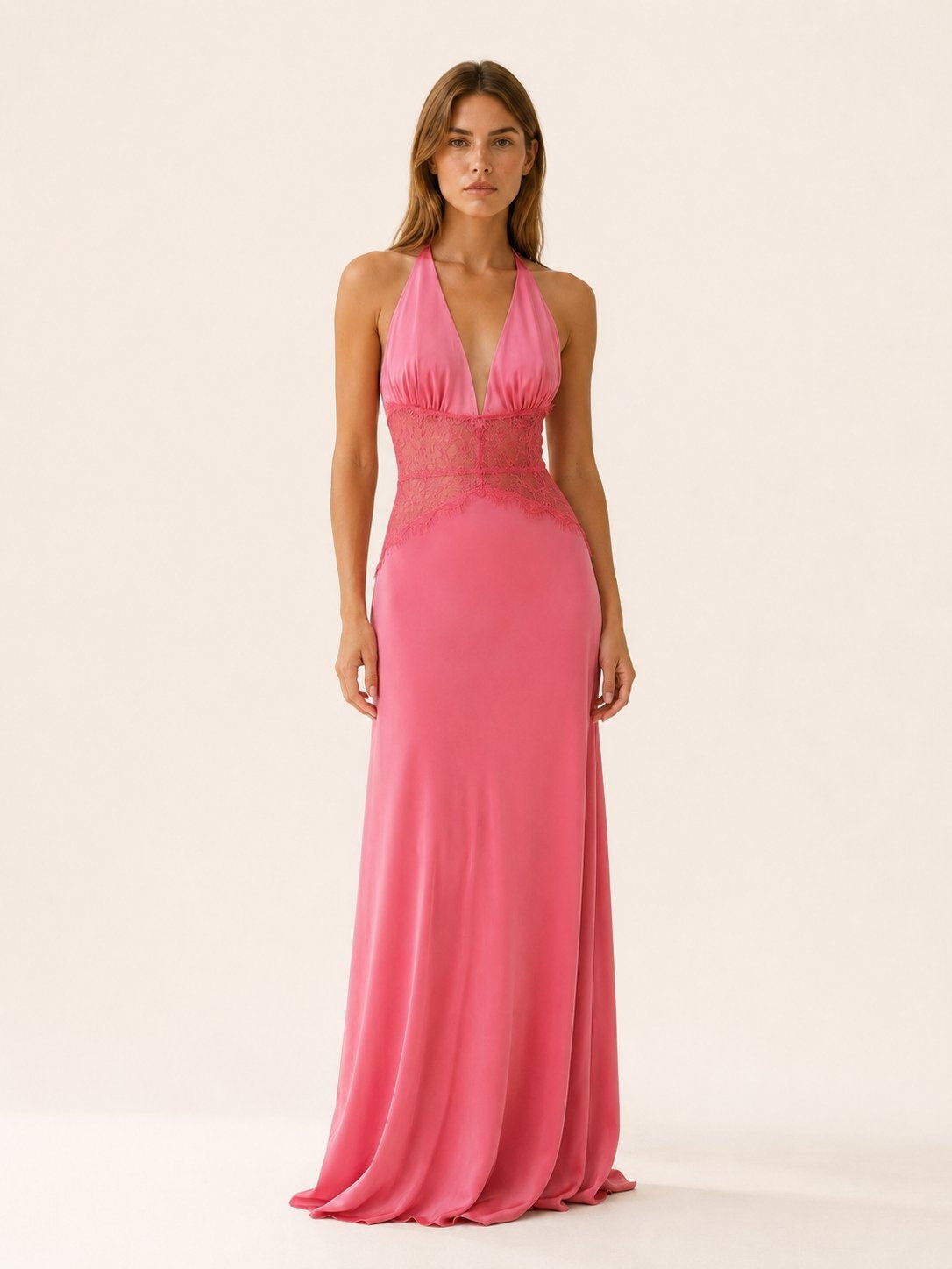 Leire | Vestido Largo de Gala Halter Encaje Mujer Escote V Espalda Descubierta