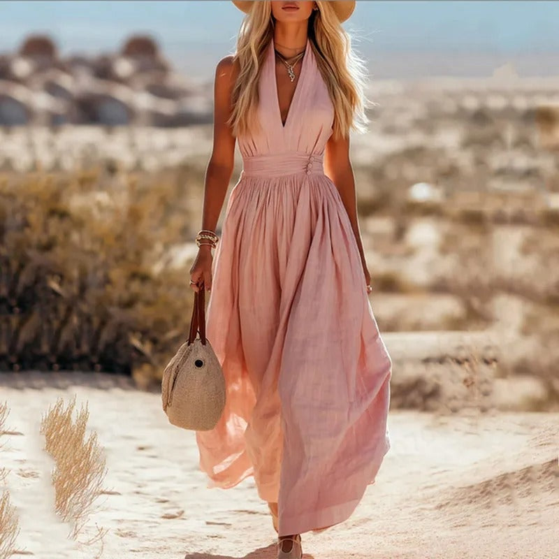Leire | Vestido Largo de Verano Halter Mujer Escote V Plisado