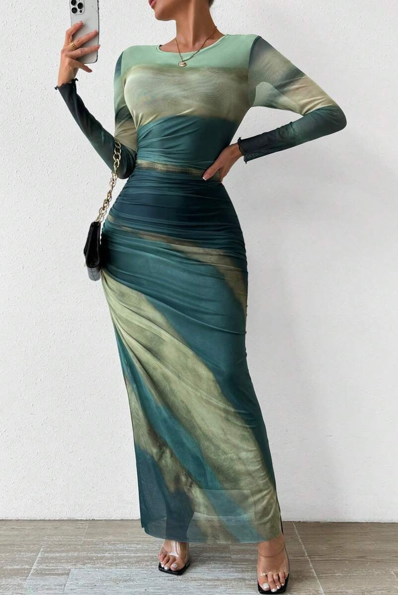 Leticia | Vestido Largo Drapeado Mujer Manga Larga Cuello Redondo