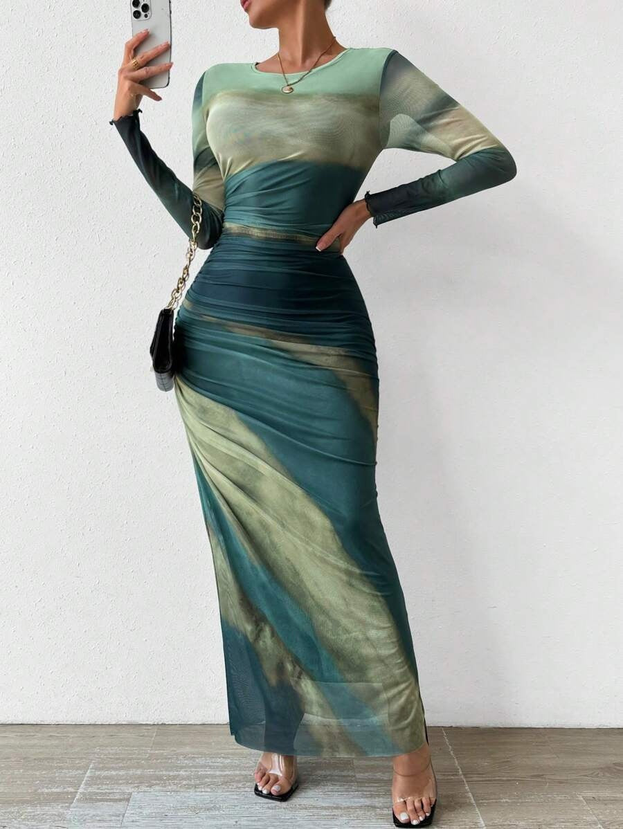 Leticia | Vestido Largo Drapeado Mujer Manga Larga Cuello Redondo