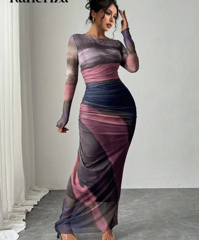 Leticia | Vestido Largo Drapeado Mujer Manga Larga Cuello Redondo