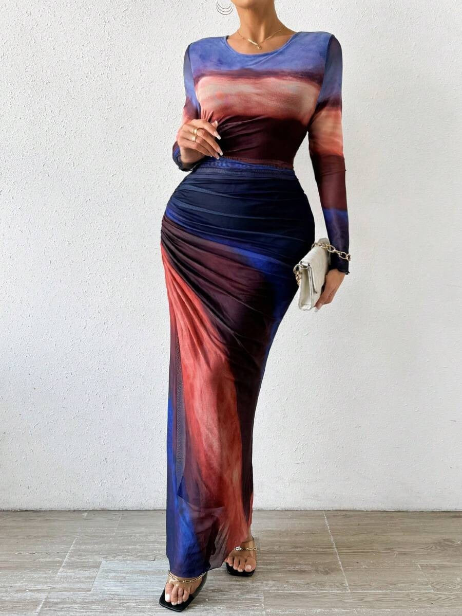 Leticia | Vestido Largo Drapeado Mujer Manga Larga Cuello Redondo