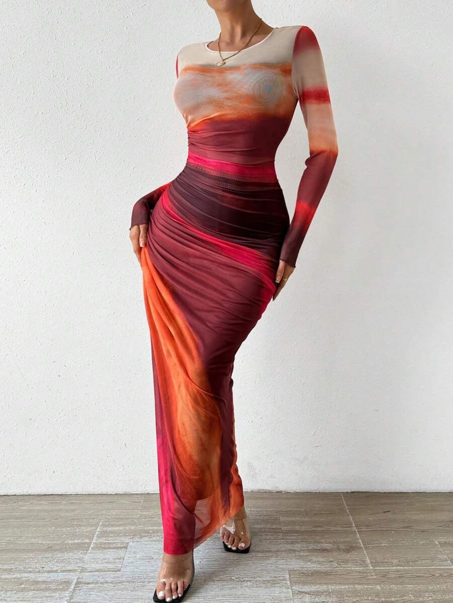 Leticia | Vestido Largo Drapeado Mujer Manga Larga Cuello Redondo