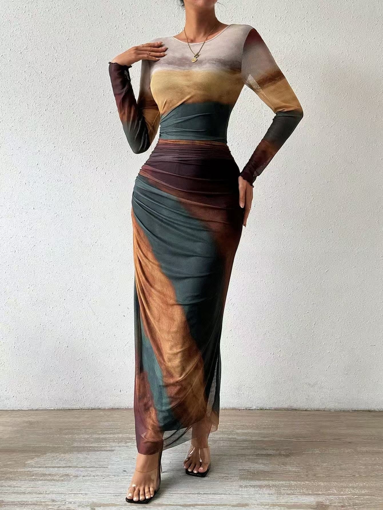 Leticia | Vestido Largo Drapeado Mujer Manga Larga Cuello Redondo
