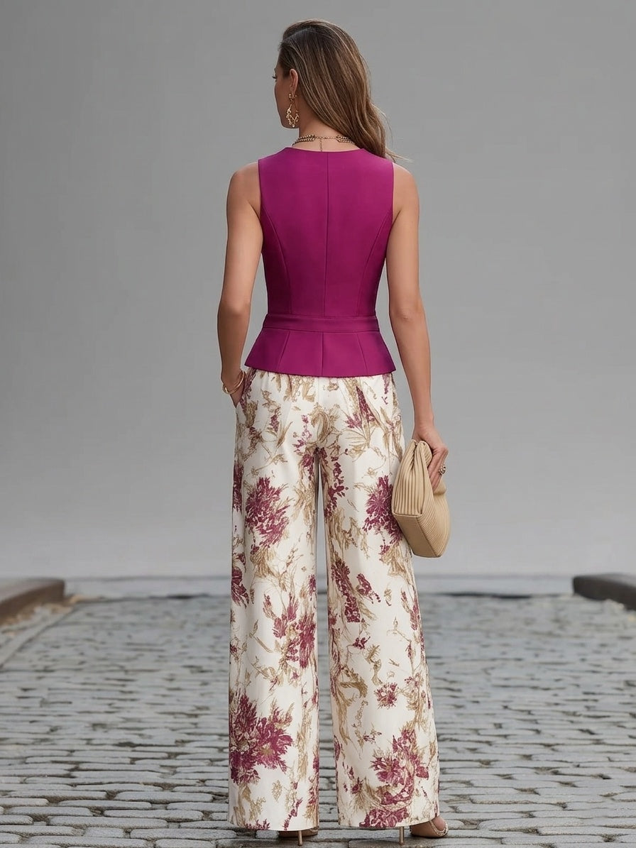Lidia | Conjunto Gilet con Pantalón de Pierna Ancha Estampado Floral Mujer Elegante