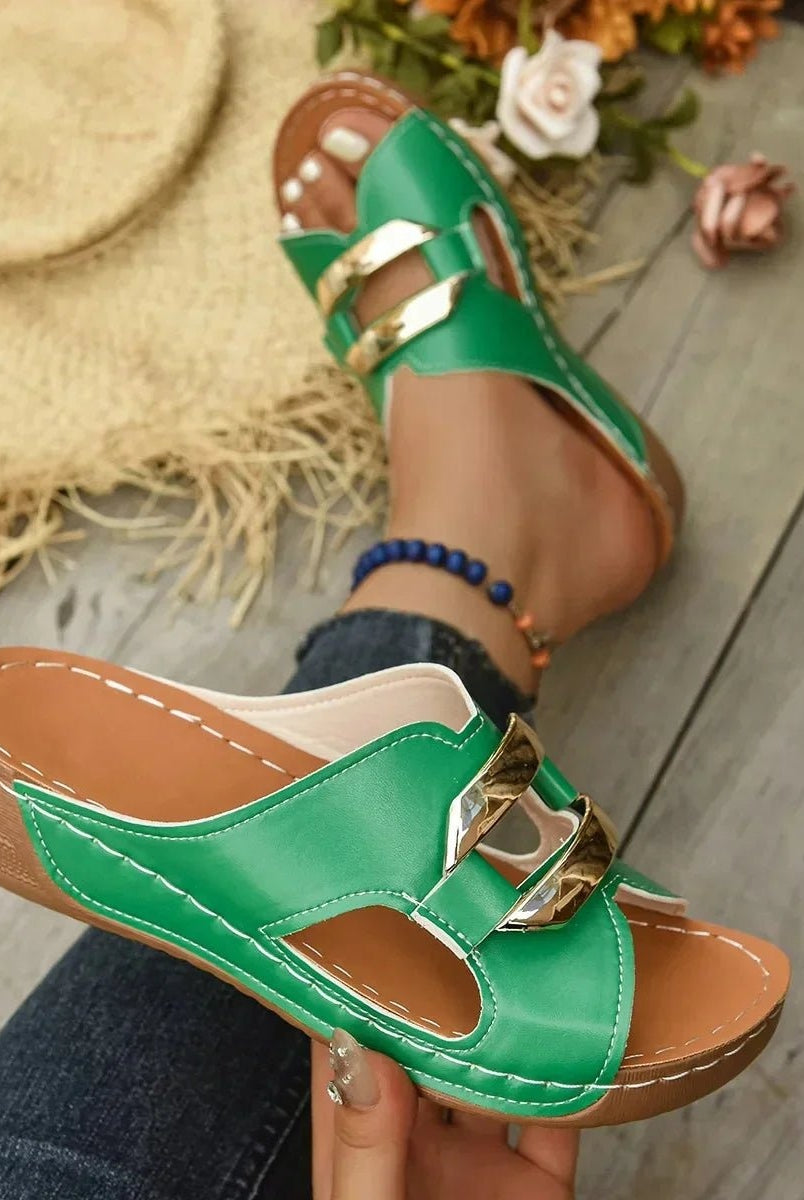 Lidia | Sandalias de Cuña Verano Mujer Slip-On Detalle Dorado