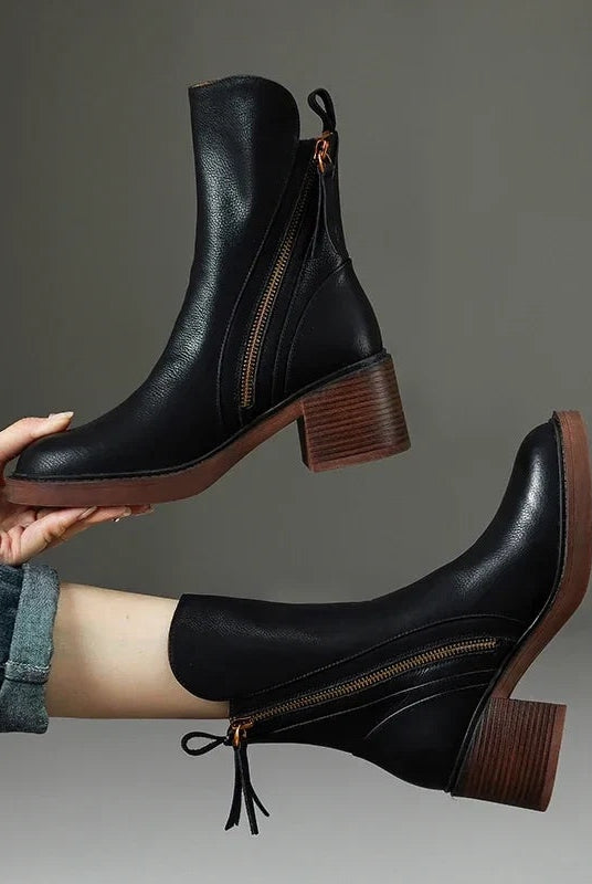 Lola | Botines de Piel con Tacón de Bloque Mujer Cremallera Lateral