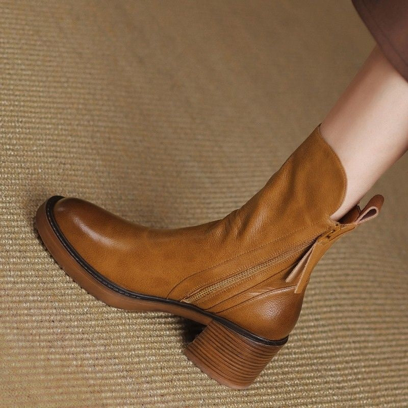 Lola | Botines de Piel con Tacón de Bloque Mujer Cremallera Lateral