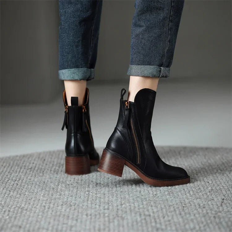 Lola | Botines de Piel con Tacón de Bloque Mujer Cremallera Lateral