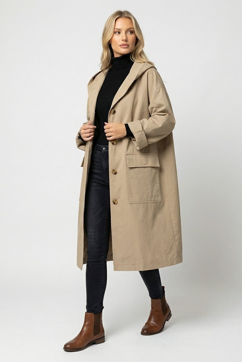 Lola | Gabardina Larga Impermeable Mujer con Capucha Botones