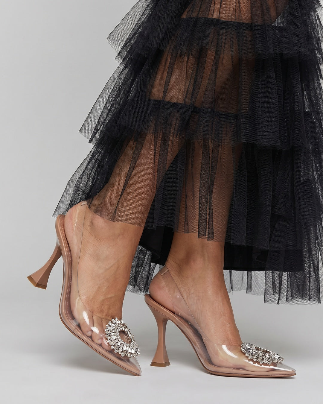 Lola | Mules Tacón Alto Mujer Panel Transparente Strass