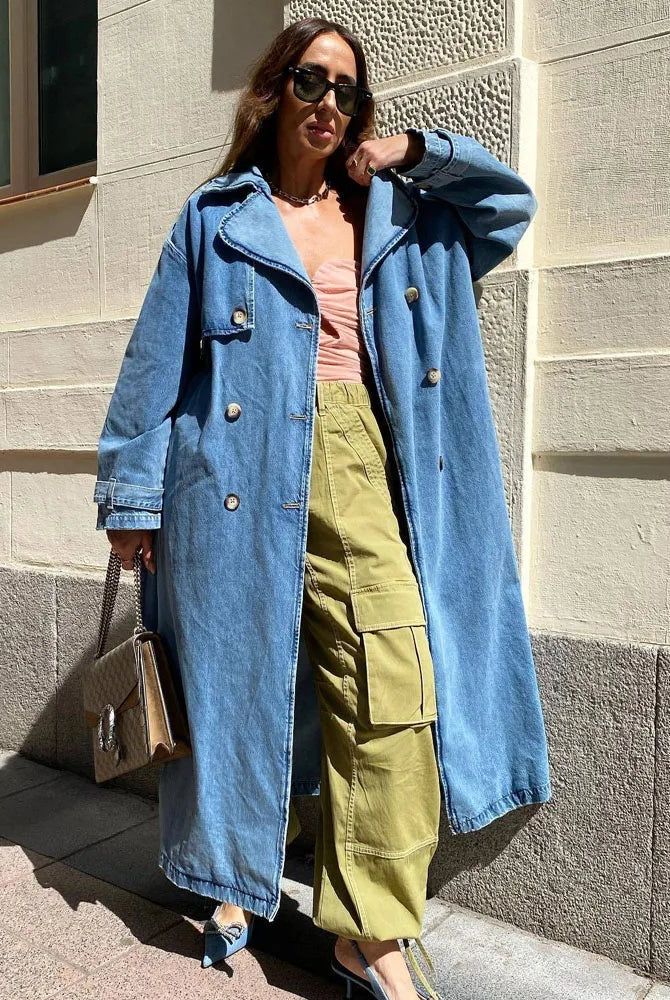 Lola | Trench Coat de Denim Largo Mujer Doble Botonadura