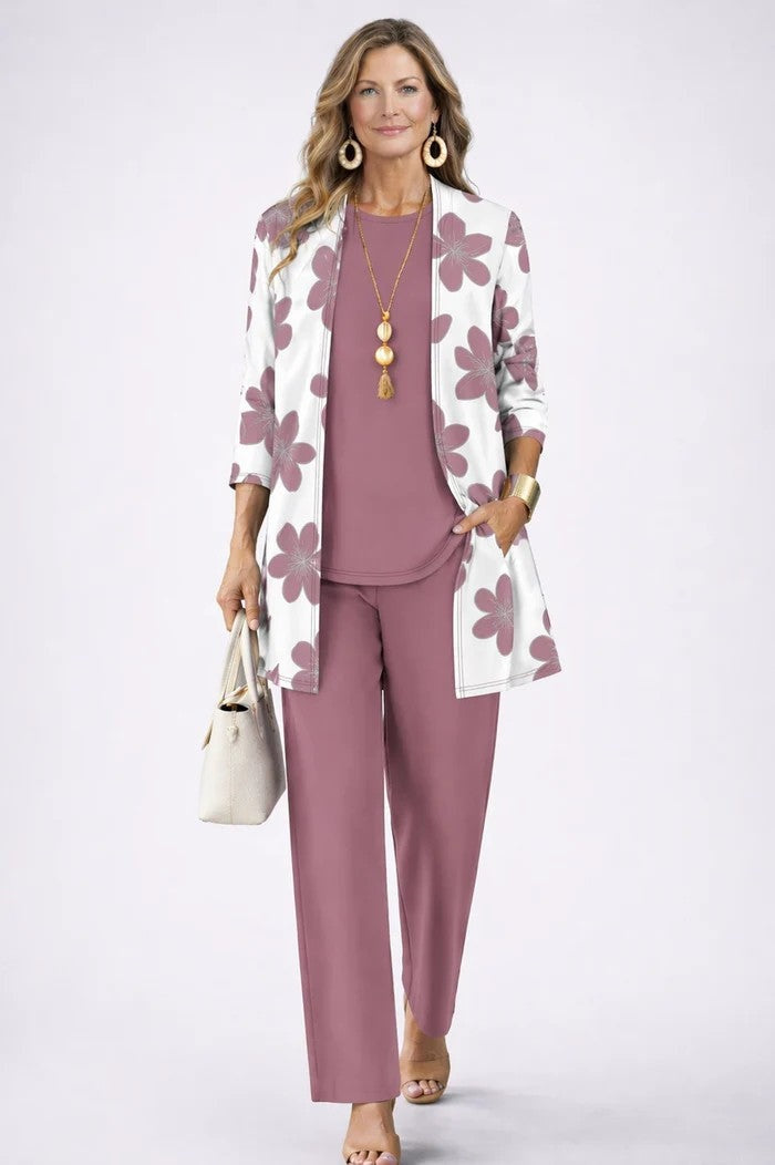 Lorena | Conjunto de 3 Piezas Estampado Tropical Mujer Pantalón Recto