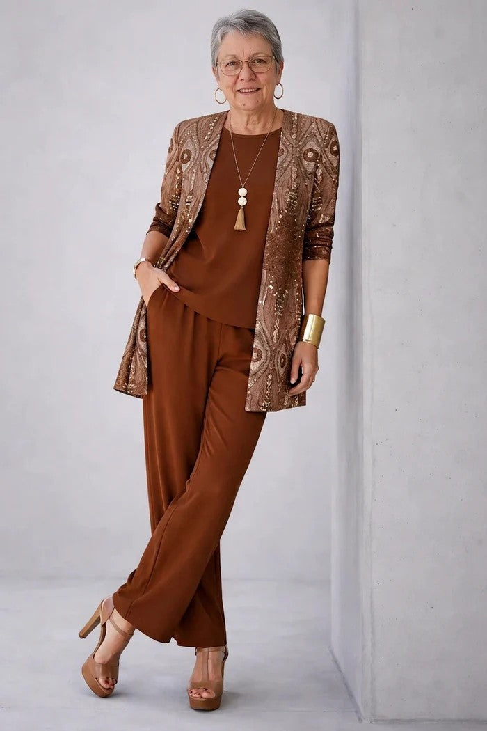 Lorena | Conjunto de 3 Piezas Estampado Tropical Mujer Pantalón Recto