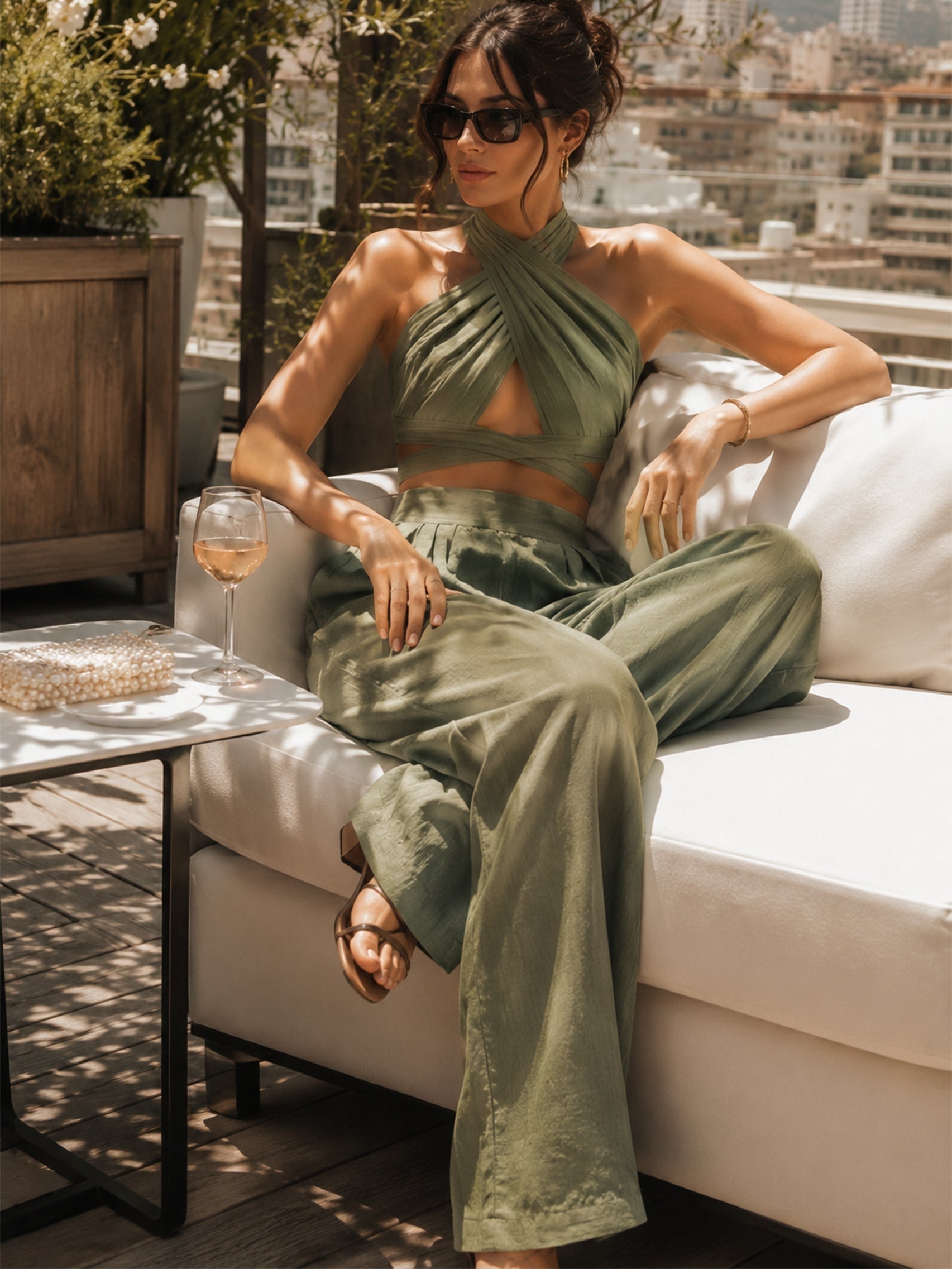 Lorena | Conjunto Top Halter de Lino y Pantalón Palazzo de Cintura Alta Mujer