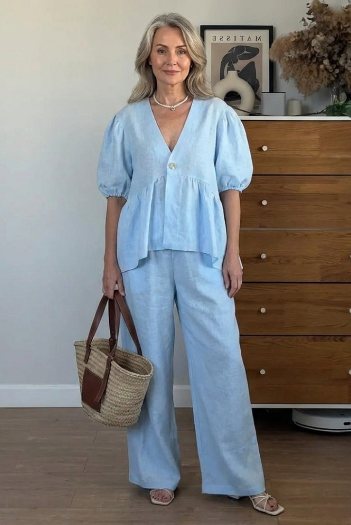Macarena | Conjunto de Lino Mujer Blusa Manga Abullonada Pantalón Ancho