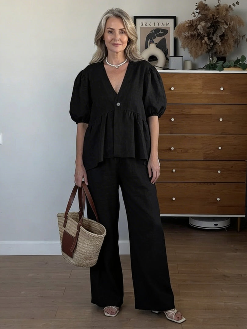 Macarena | Conjunto de Lino Mujer Blusa Manga Abullonada Pantalón Ancho