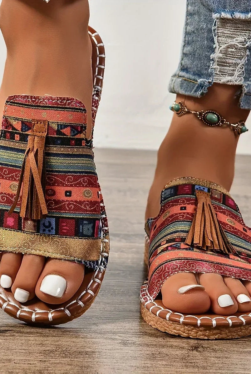 Macarena | Sandalias Planas Étnicas Mujer Borlas Suela Trenzada