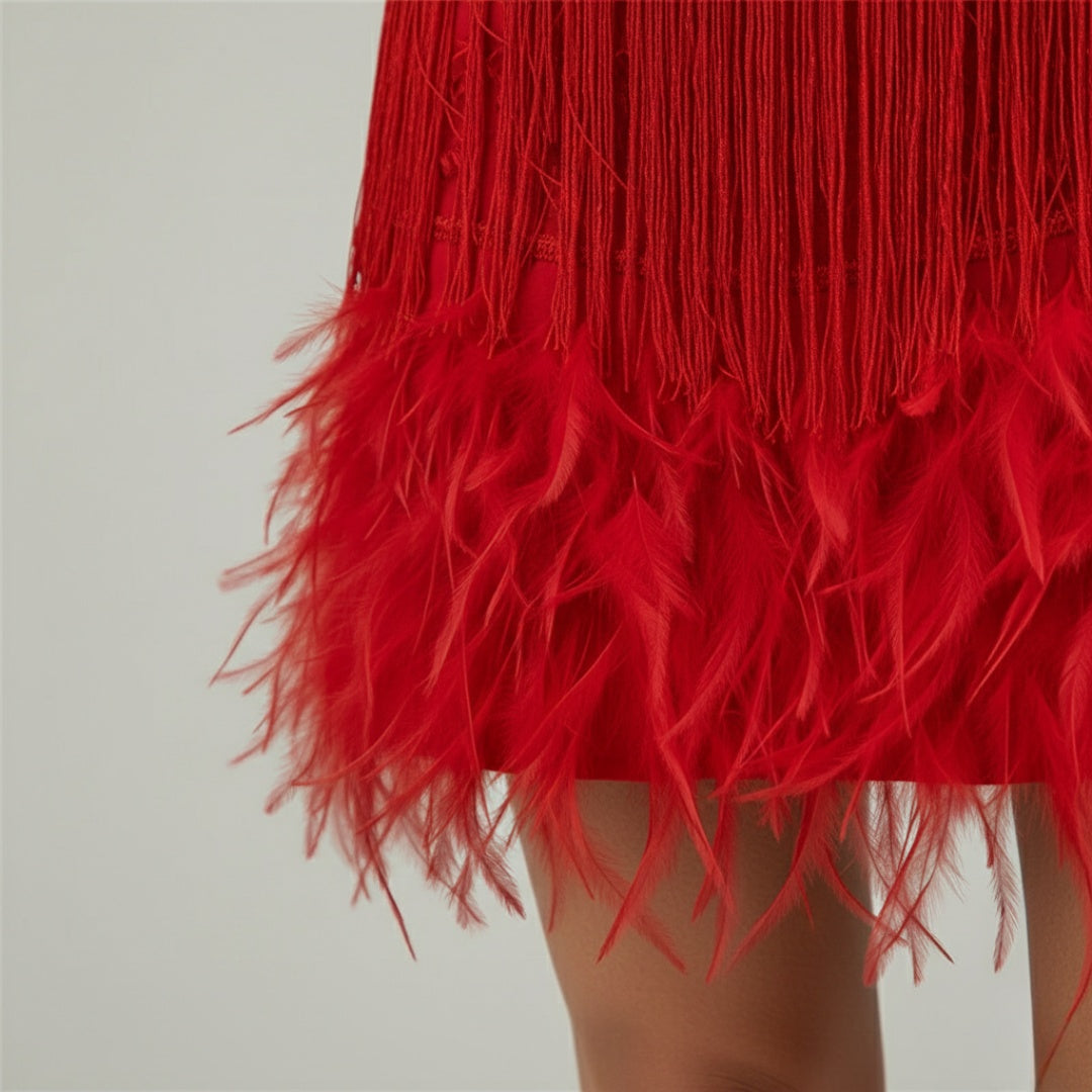 Macarena | Vestido Corto de Cóctel con Flecos y Plumas Mujer Tirantes