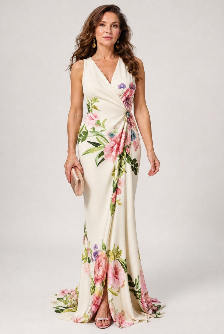Macarena | Vestido Largo de Madrina Floral Mujer Escote V Sin Mangas