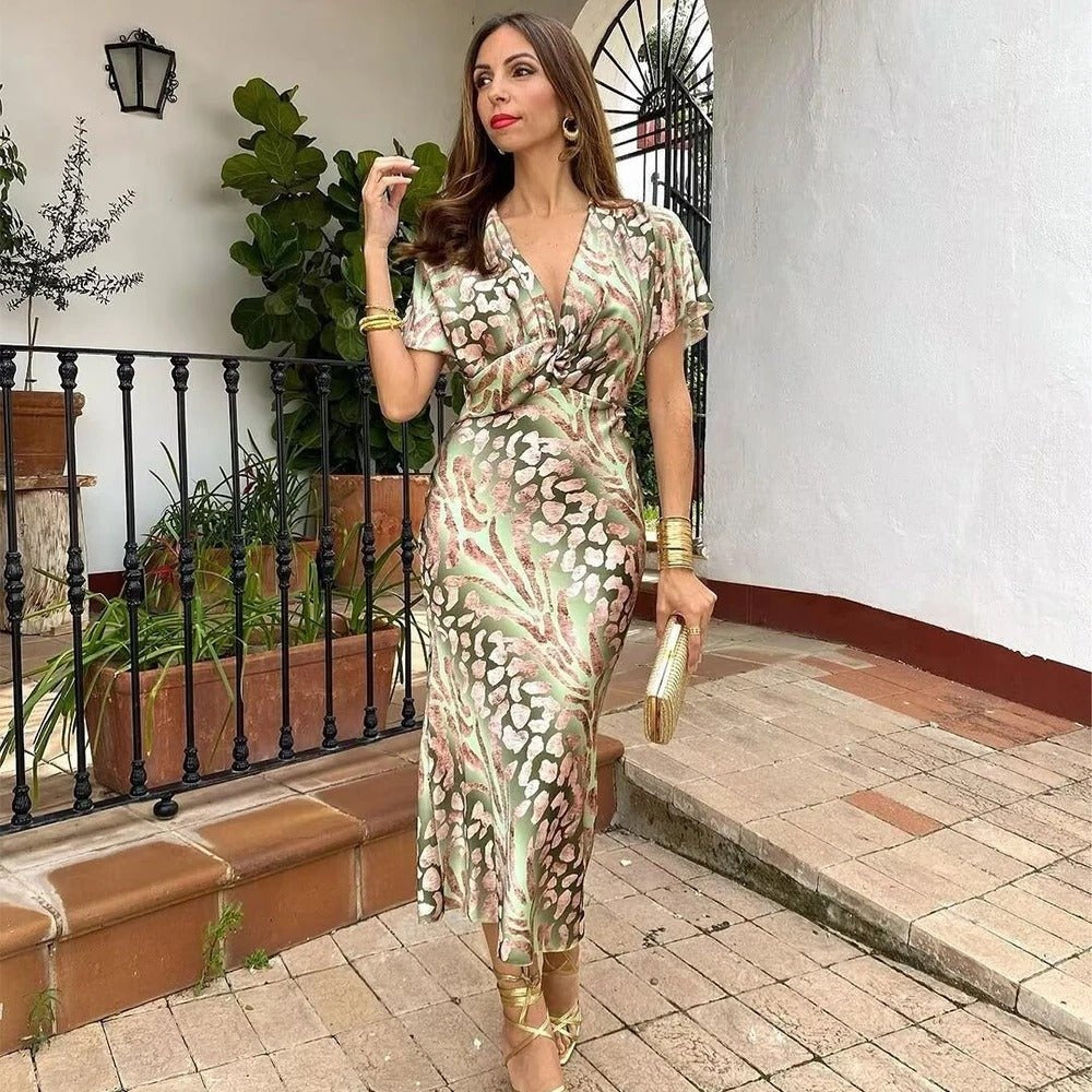 Macarena | Vestido Midi de Invitada Estampado Mujer Escote V Manga Corta