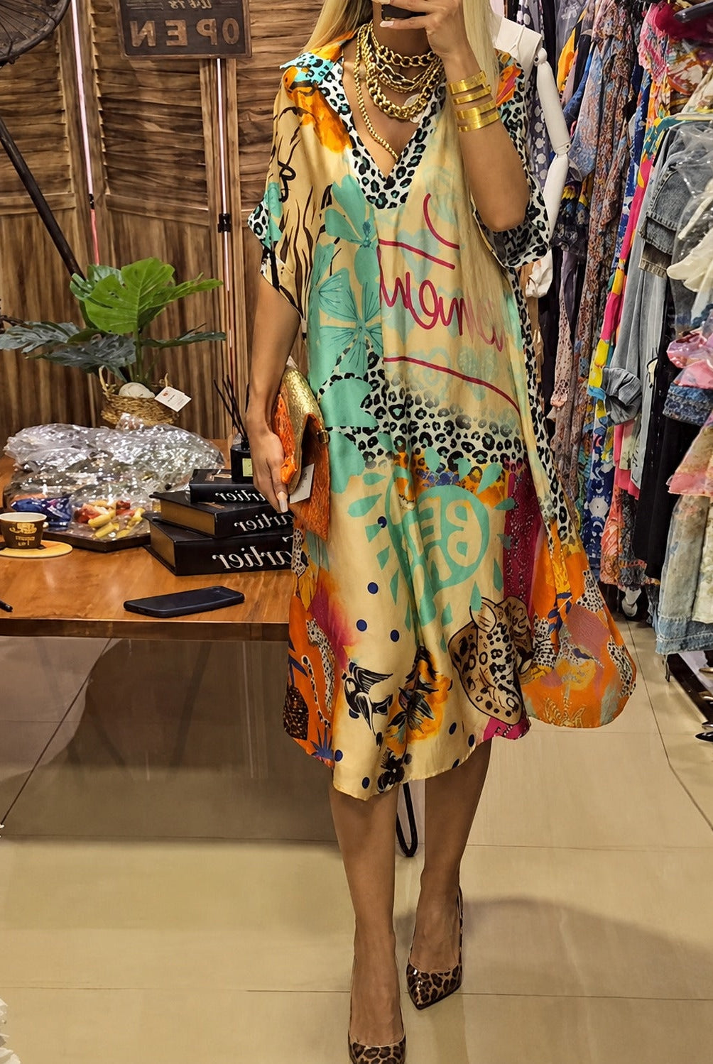 Macarena | Vestido Midi de Verano Mujer Estampado Oversize Escote V