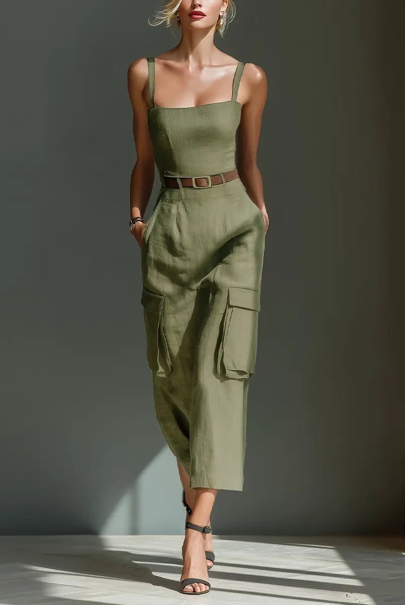 Maite | Vestido Midi con Cinturón y Bolsillos Cargo Mujer