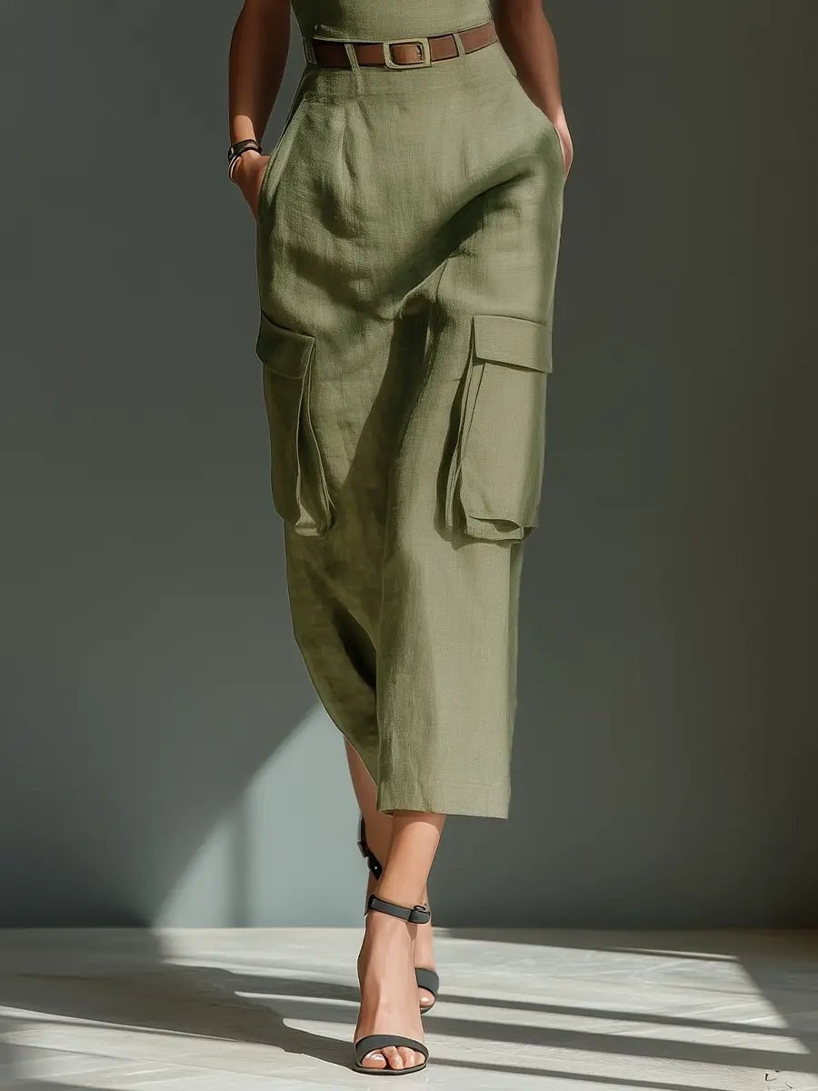 Maite | Vestido Midi con Cinturón y Bolsillos Cargo Mujer
