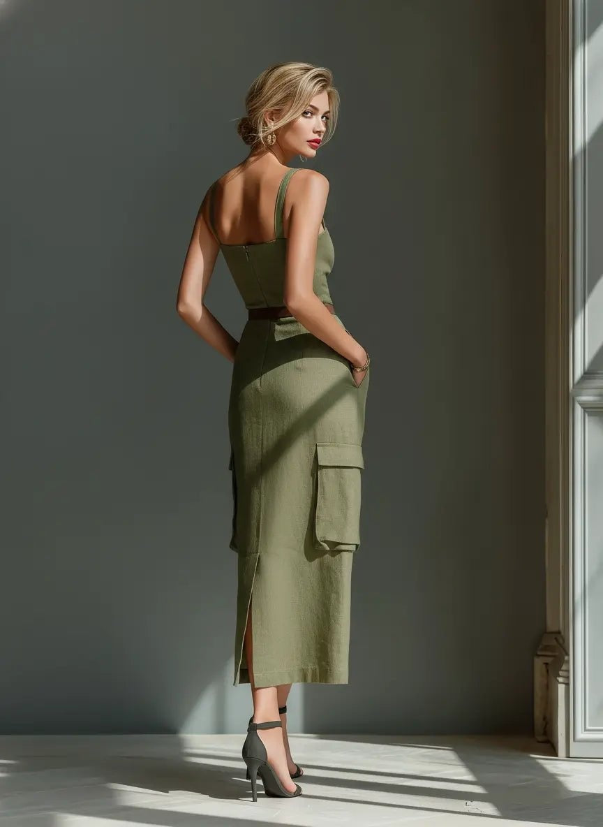 Maite | Vestido Midi con Cinturón y Bolsillos Cargo Mujer
