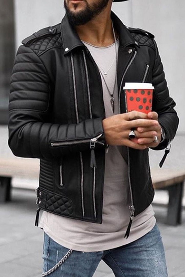 Marcos | Chaqueta de Cuero Biker Hombre Cremalleras Acolchada