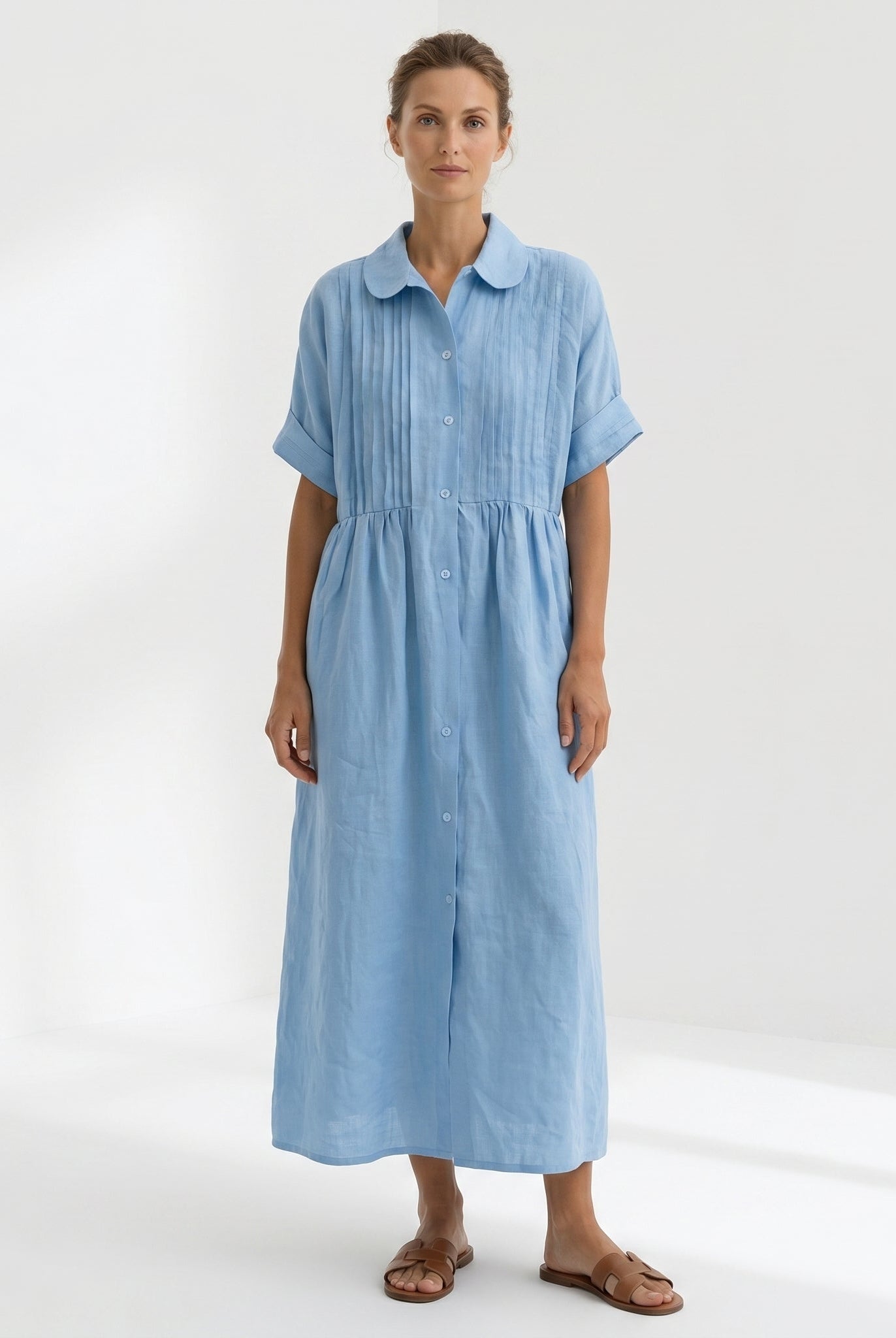 Margarita | Vestido Largo Camisero de Lino Mujer Pliegues Frontales